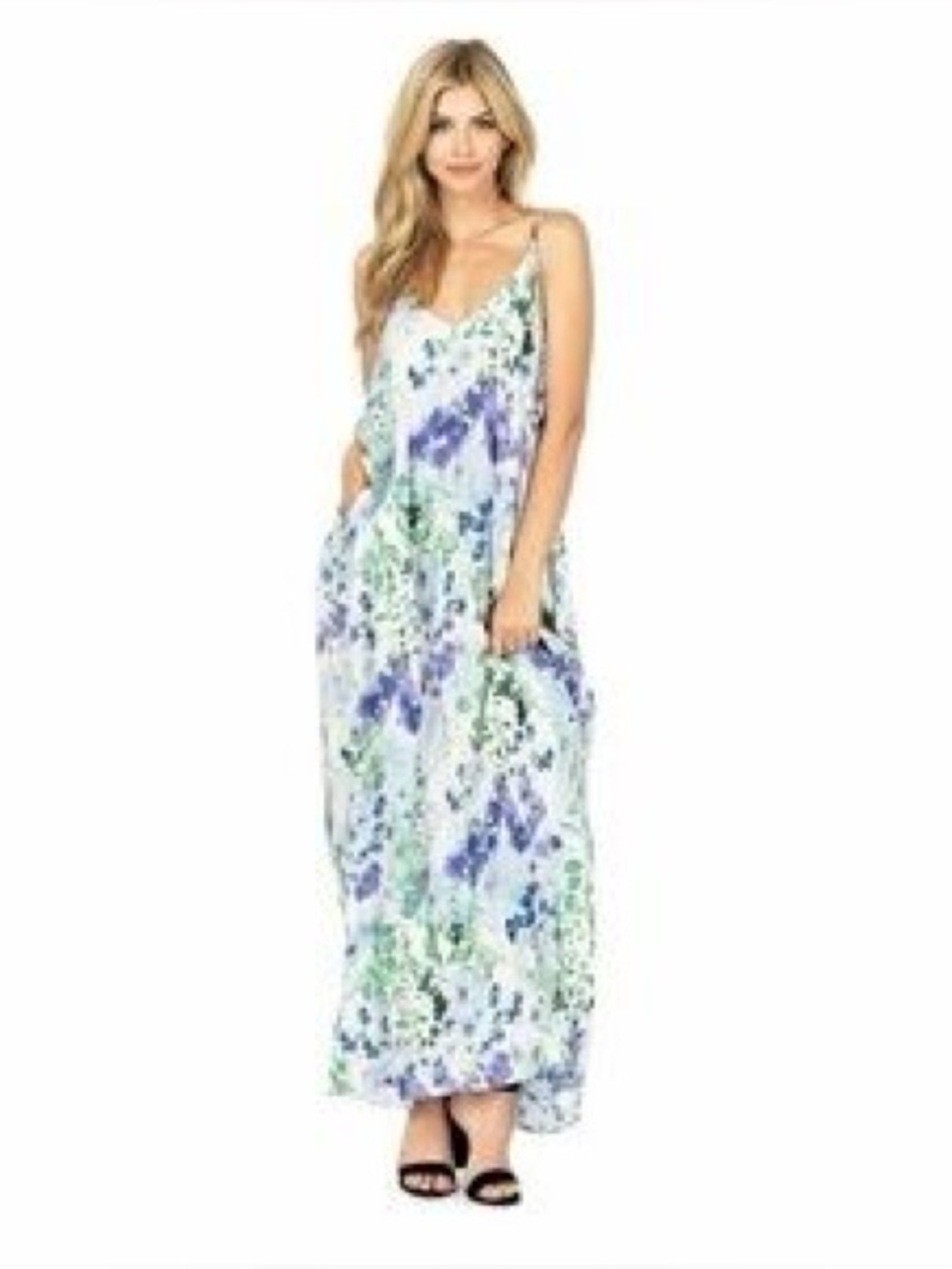 Sleeveless Blue & Green Floral Maxi Dress
